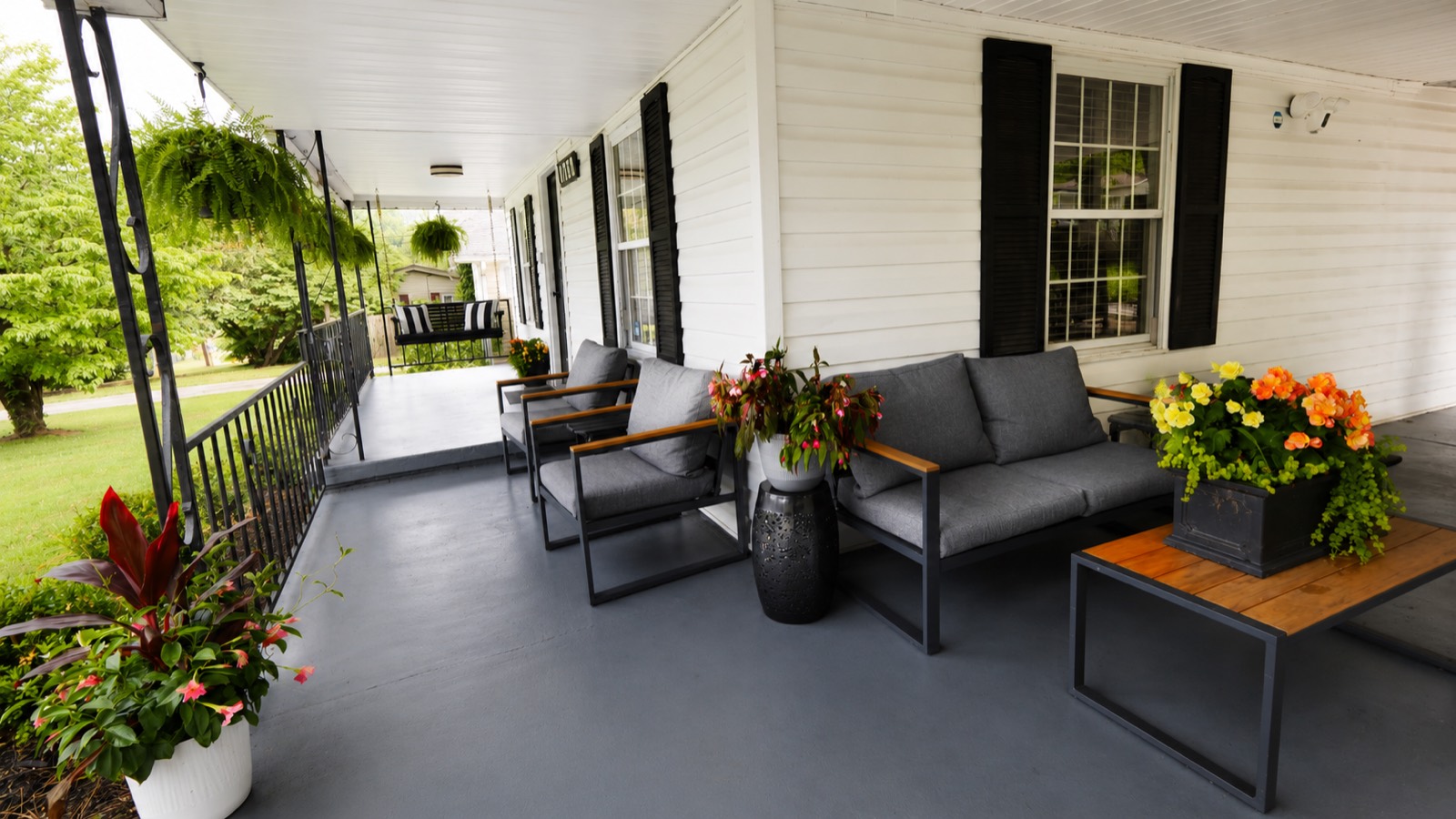 Outdoor lounge seating on the covered patio