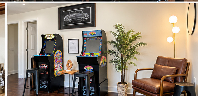 Arcade cabinets and a leather armchair in the game corner
