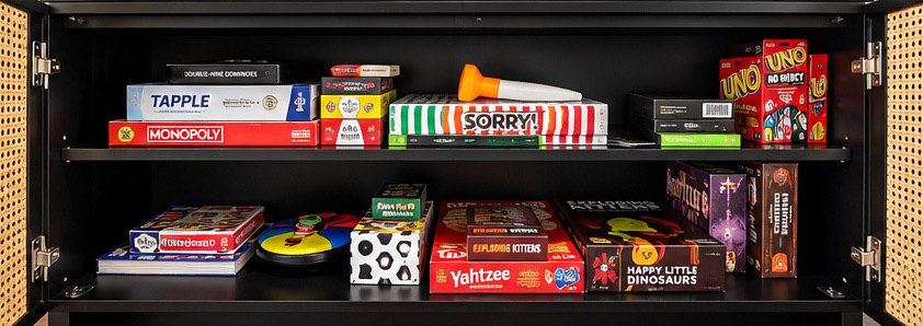 Shelf of board games for all ages