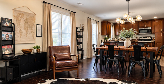 Dining table under a chandelier beside the living area