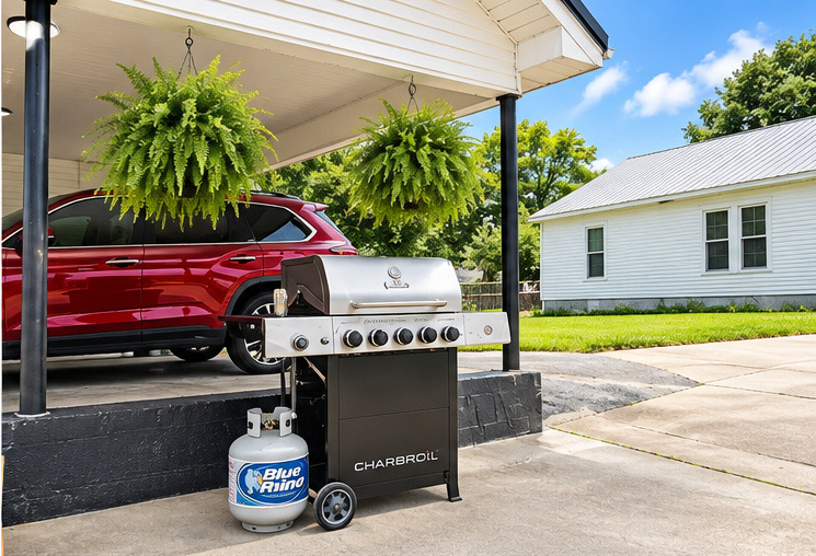 Gas grill under the carport