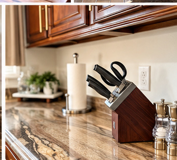 Kitchen counter with knife block and paper towels