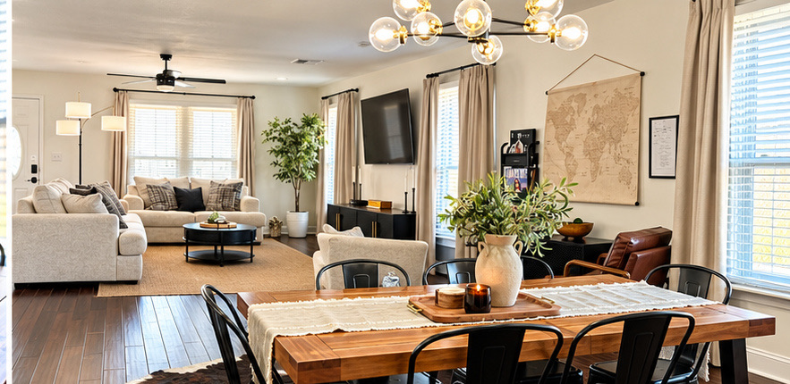 Open living and dining area with natural light