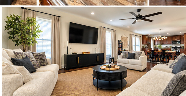 Wide view of the living room and kitchen beyond