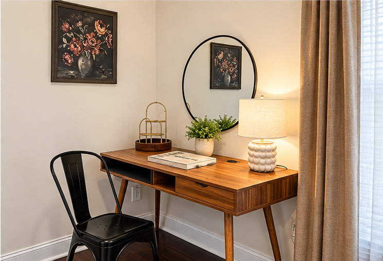 Wood writing desk nook with a lamp