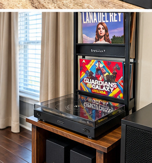 Record player with a vinyl collection