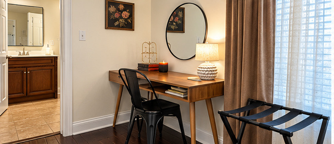 Desk workspace with a chair and luggage rack